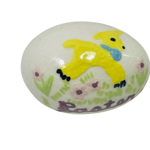 Easter Egg With Yellow Lamb & Pastel Floral Design Hand-Painted Vintage Ceramic - Picture 1 of 8